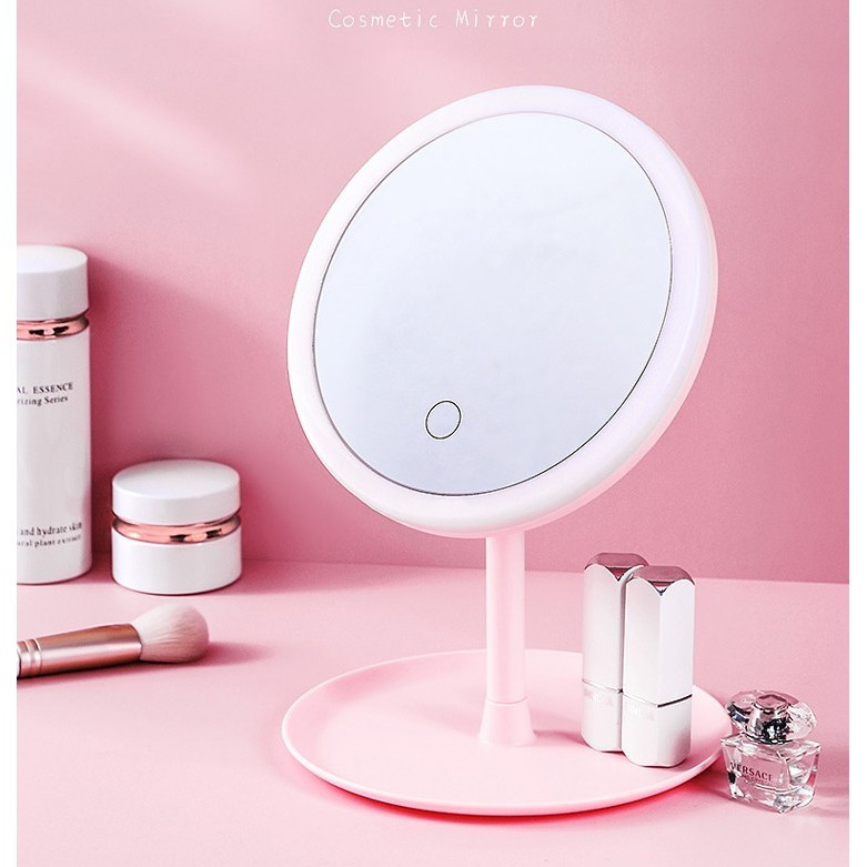 GƯƠNG TRANG ĐIỂM TRÒN ĐỂ BÀN CÓ ĐÈN LED 3 CHẾ ĐỘ SÁNG SẠC ĐIỆN CỔNG USB NÚT CẢM ỨNG CAO CẤP