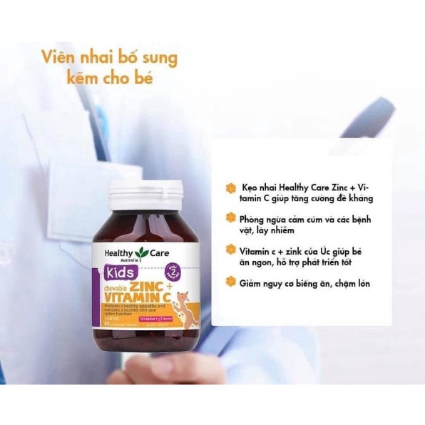 Viên Bổ Sung Kẽm Healthy Care Zinc Vitamin C Tăng Đề Kháng Cho Bé 60 Viên