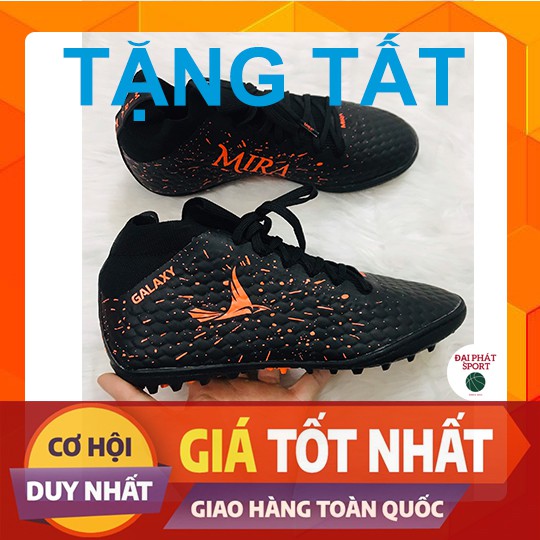 GIÀY ĐÁ BÓNG TẶNG TẤT CHỐNG TRƠN MIRA GALAXY 19.2 HÀNG CHÍNH HÃNG FULL HỘP - MAY FULL ĐẾ MÀU ĐEN CAM