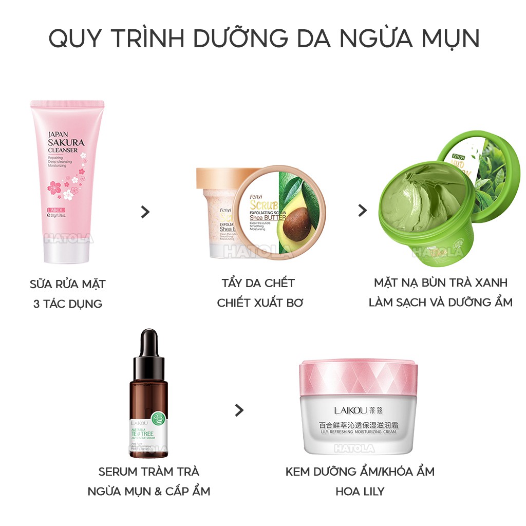 Bộ chăm sóc da chuyên sâu ngừa mụn trắng hồng tự nhiên Laikou sữa rửa mặt, tẩy da chết, serum, mặt nạ, kem dưỡng da