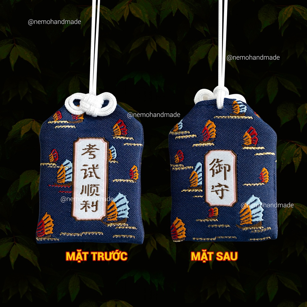 Túi Phước Omamori thêu chữ Học Tập Thi Cử, tặng kèm túi bảo vệ, hoa khô, giấy ước nguyện, đá may mắn - OMHTC
