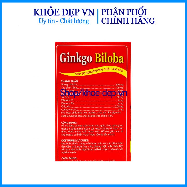Viên uống bổ não GINKGO BILOBA 240mg giúp tăng cường trí nhớ, tăng tuần hoàn máu não, ngừa tai biến – HỘP 100 viên