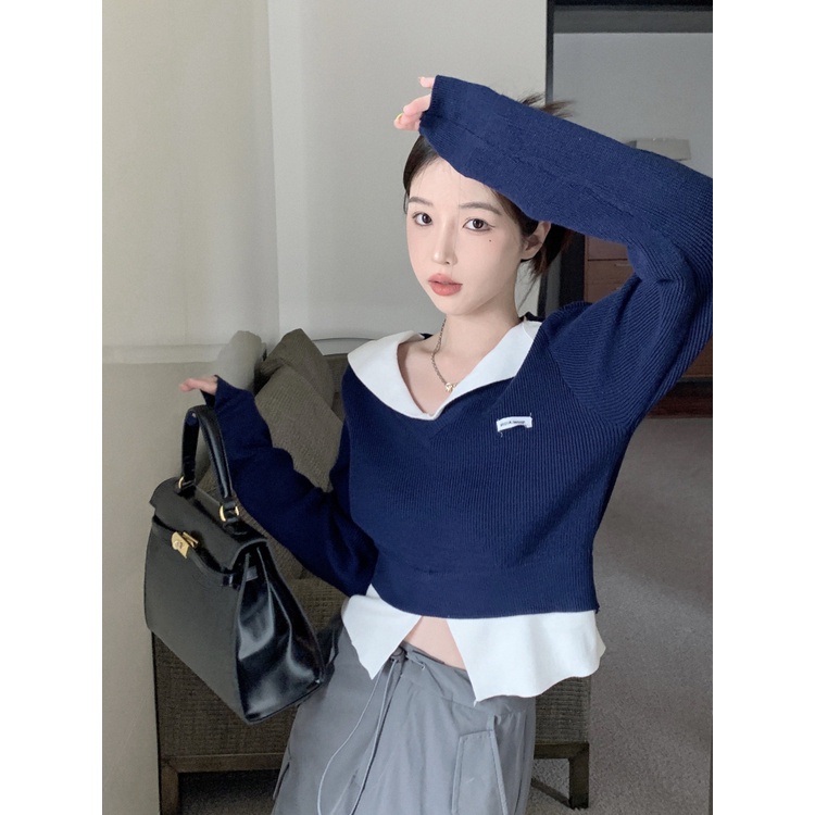 Porozi  Áo croptop  vải dệt kim tay dài kiểu Hàn Quốc xinh xắn cho nữ