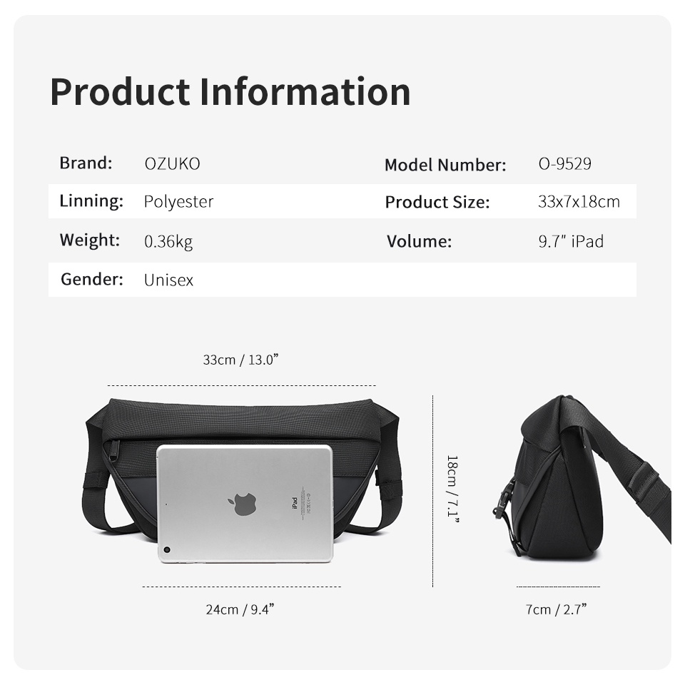 Túi đeo chéo OZUKO thể thao chống thấm nước thời trang cho nam