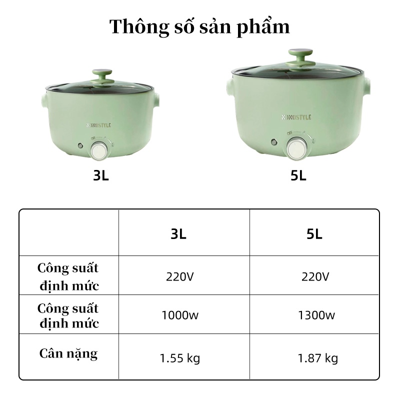 Nồi điện đa năng 3L Nonostyle - chống dính - Nấu cơm, lẩu, hấp, luộc, chiên xào tiện lời -  Bảo hành 12 tháng