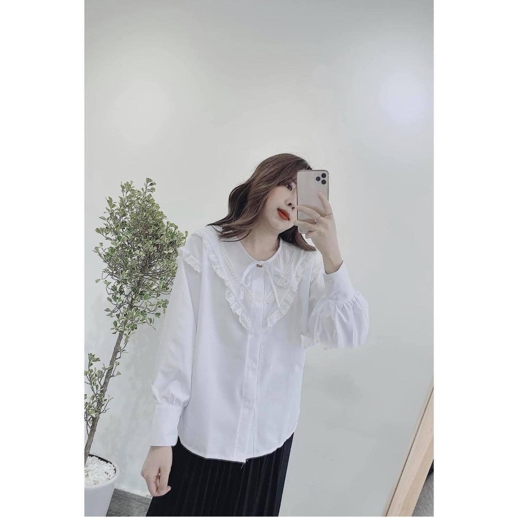 * Áo sơmi bèo ren trắng CHIBEST CB041