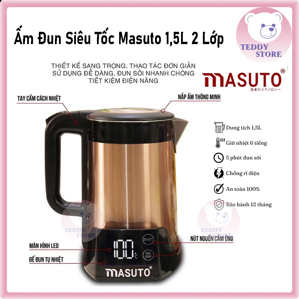 Ấm Đun Siêu Tốc Điều Chỉnh Nhiệt Độ Thông Minh Masuto 1,5L 2 Lớp, Chống Bỏng, Giữ Nhiệt 6 Tiếng, Bảo hành 12 tháng
