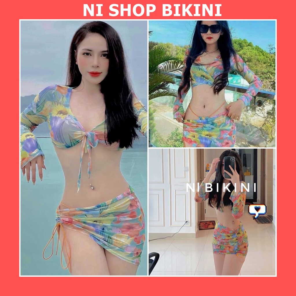Set bikini nữ hoa in dài tay kèm chân váy sang chảnh