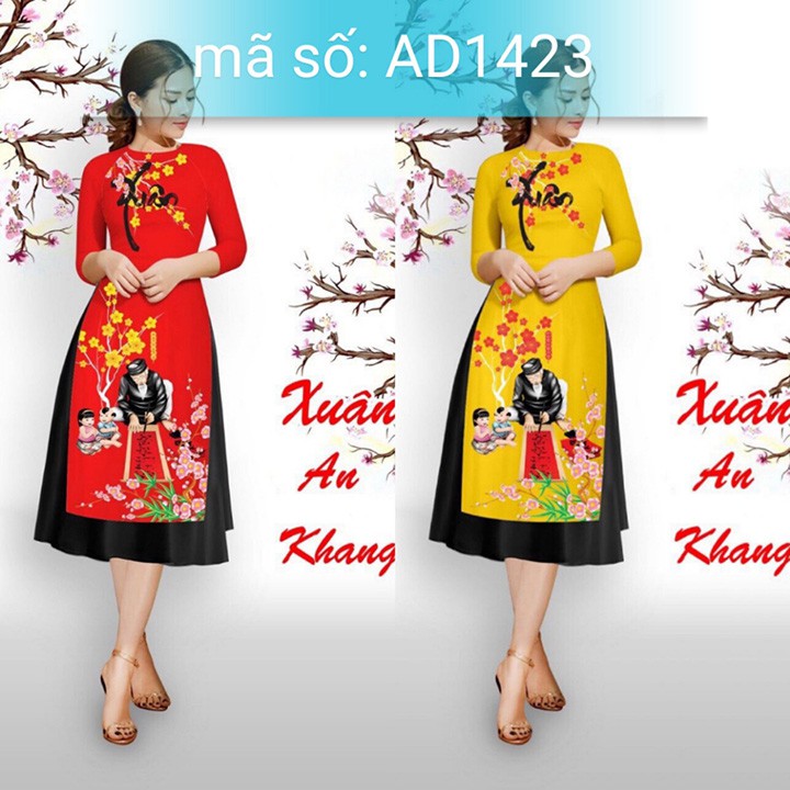 AD1422 Có size XXL Set Áo Dài Cách Tân cổ tròn họa tiết cụ già và em bé hoa mai pháo xuân kèm váy