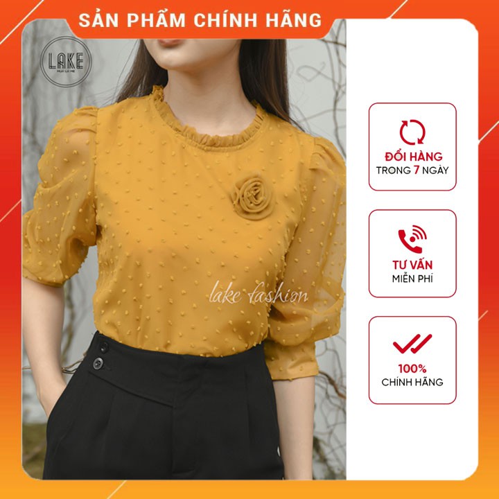 [ Áo sơ mi nữ đẹp 2021 ] ao so mi, hoa cài ngực cổ bèo tròn, tay ngắn lake fashion