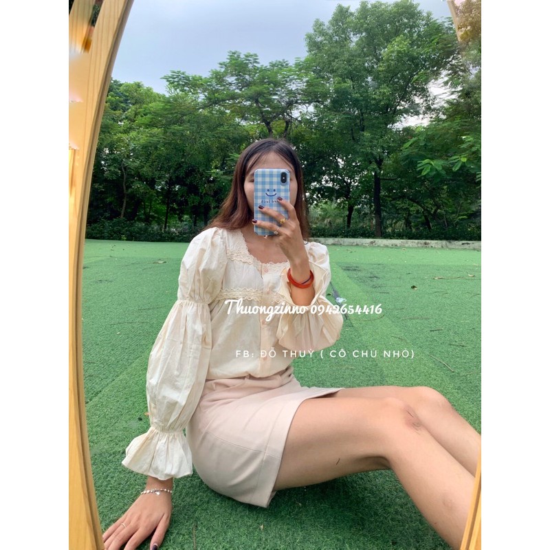 Áo sơ mi vintage cách điệu cổ vuông tay bồng dịu dàng Áo sơ mi nữ dài tay
