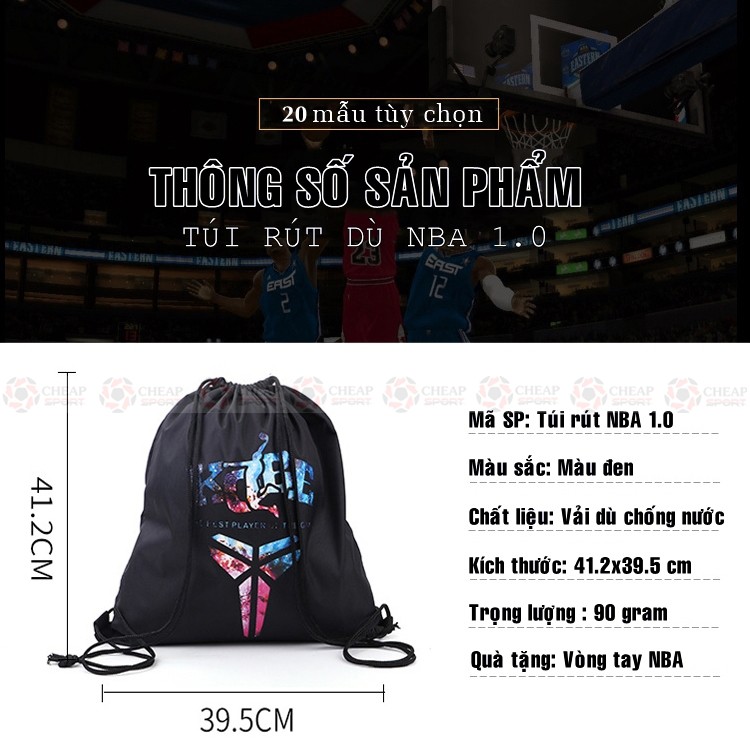 Túi Dây Rút Dù Bóng Rổ NBA 1.0 Đựng Phụ Kiện Thể Thao In Logo Kobe Jordan James Curry Vải Dù Chống Nước Nhỏ Gọn
