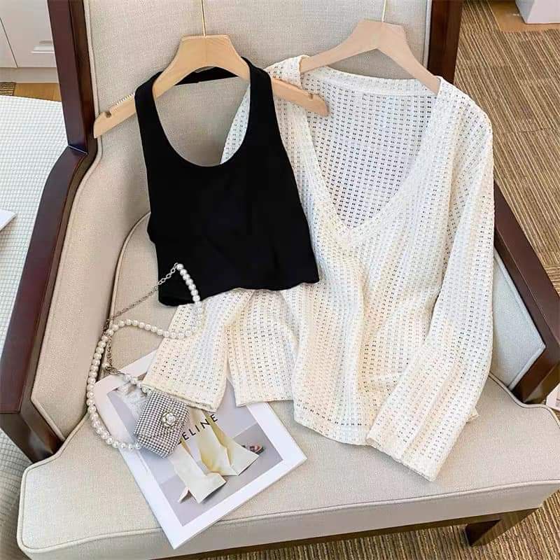 Set Áo Lưới Cổ V Dài Tay Form Rộng Mix Áo Yếm Croptop, Labibi