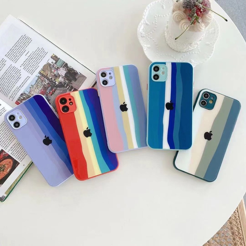 【Tempered Glass Case】Ốp Lưng Kính Cường Lực Họa Tiết Sọc Cầu Vồng Cho Iphone 12 Pro Max 12 Pro 12 11 Pro Max 11 Xs Max Xr X Xs 7p 8p 7 8