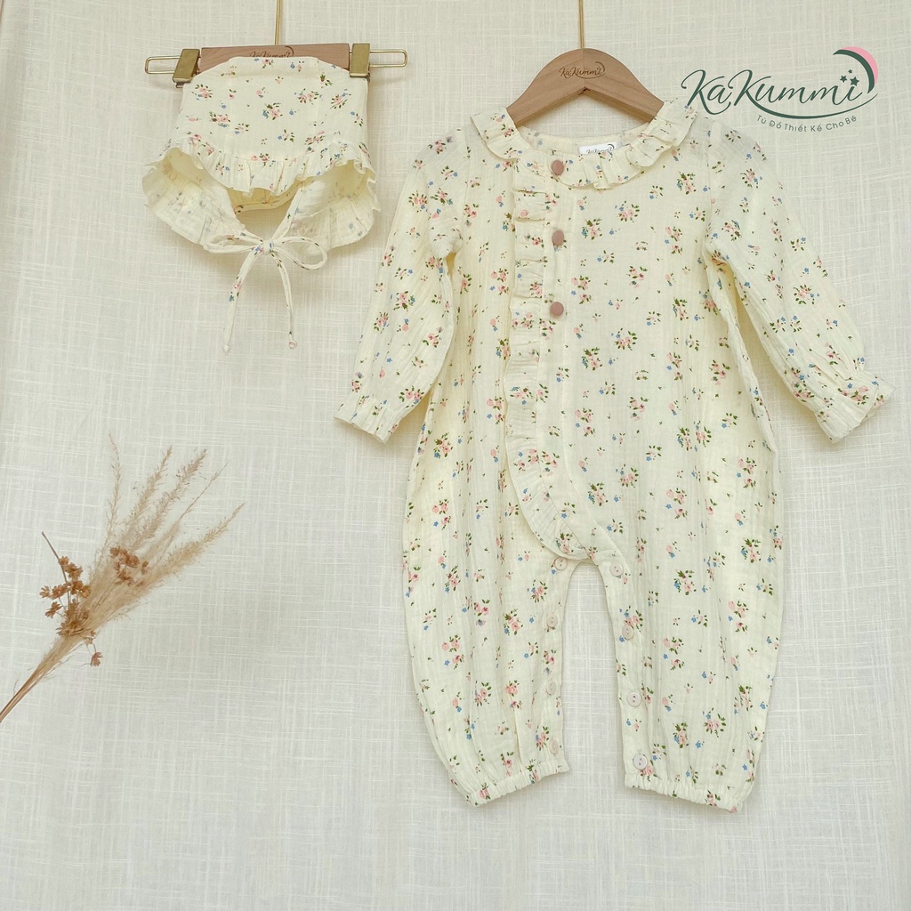 [Tặng mũ] Body suit dài tay xô muslin cho bé gái, body họa tiết hoa nhí BD010 Kakummi