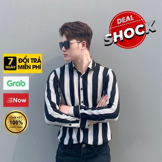 Áo Sơ Mi Nam, Sơ Mi Nam Tay Dài Hoạ Tiết Sọc Đen Trắng , Cổ Vest, Vải Lụa Không Nhăn, Thoát Khí - TIDINO STORE BX09