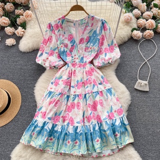 #1063 Đầm tay ngắn dáng cổ chữ V tay phồng thắt eo