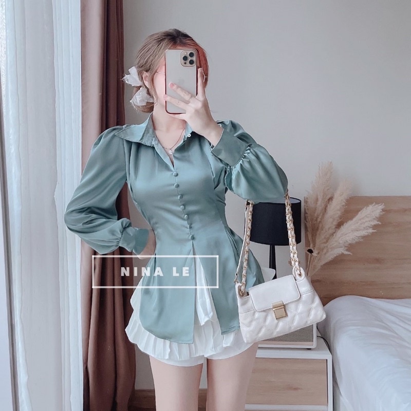 Áo Sơ Mi Nữ Linen Cổ Trụ Tay Bồng Kèm Túi Vuông Trước Ngực Phong Cách Hàn Quốc Ảnh Thật Tự Chụp