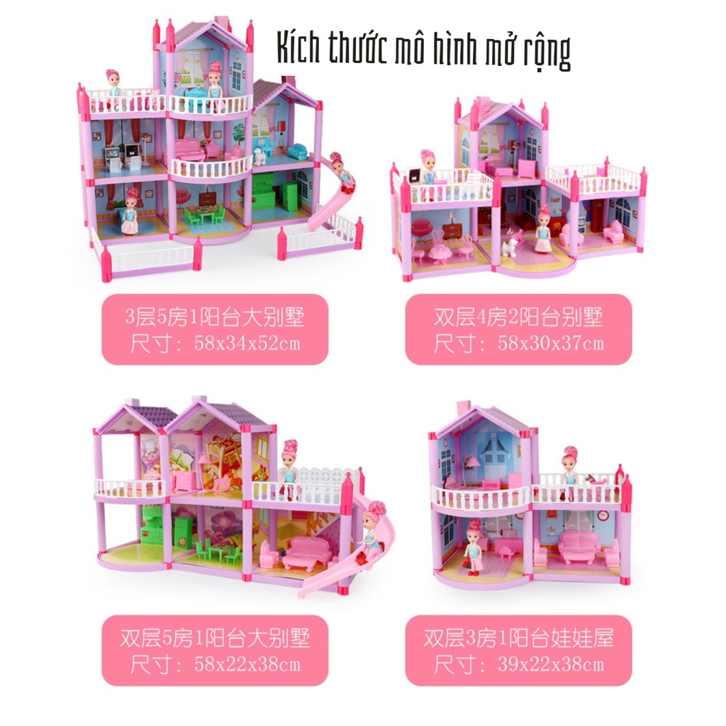 Biệt thự lắp ráp lâu đài công chúa Nhà búp bê cỡ lớn cho trẻ đồ chơi bé gái quà tặng sinh nhật màu hồng 4 tầng 13 phòng