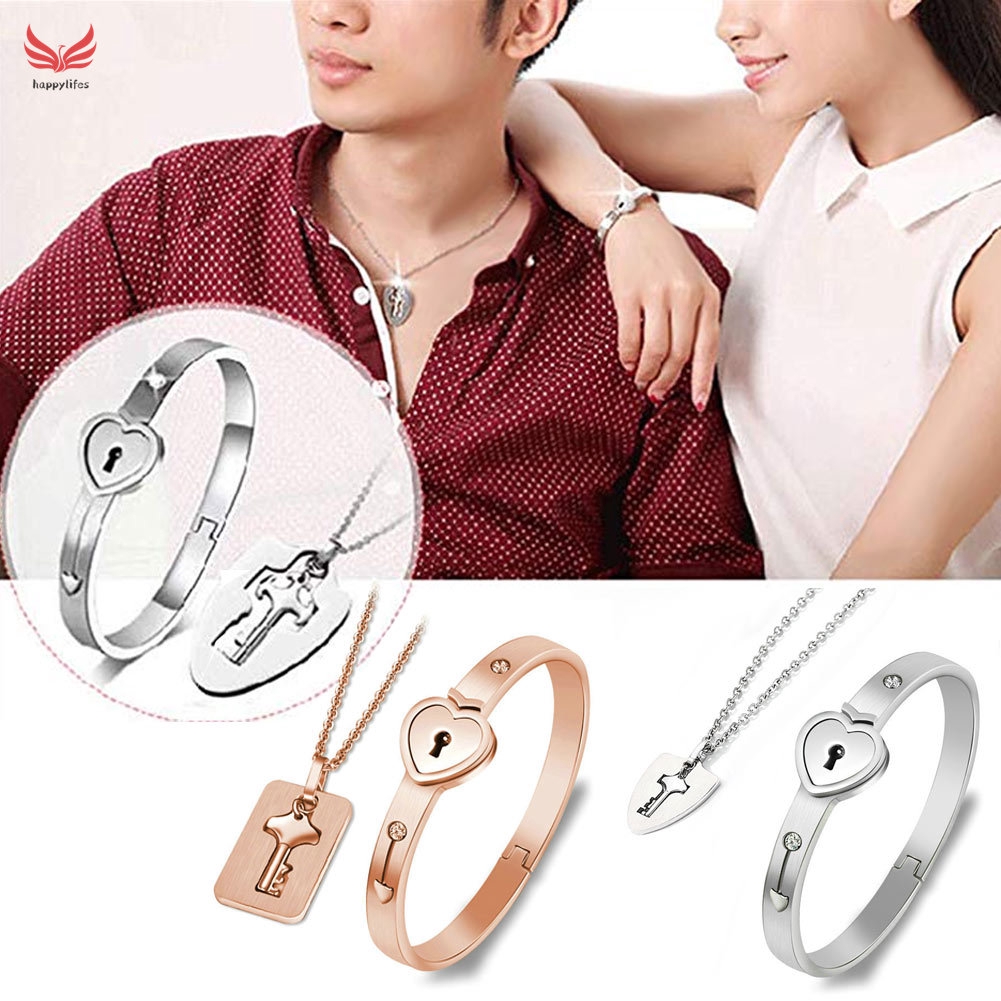Bộ Dây Chuyền + Vòng Tay Mặt Ổ Khoá Trái Tim Cho Cặp Đôi