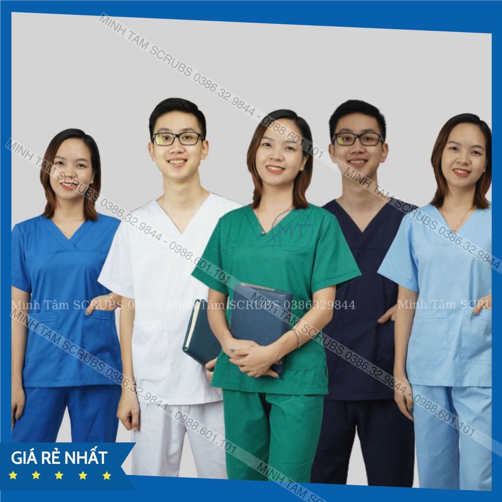 Bộ Scrubs bác sĩ, blouse cổ tim, đồng phục điều dưỡng, spa, thẩm mỹ viện, dược sĩ vải thường