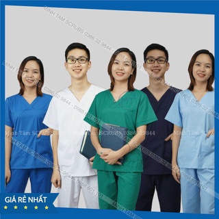 Bộ Scrubs bác sĩ, blouse cổ tim, đồng phục điều dưỡng, spa, thẩm mỹ viện, dược sĩ vải thường