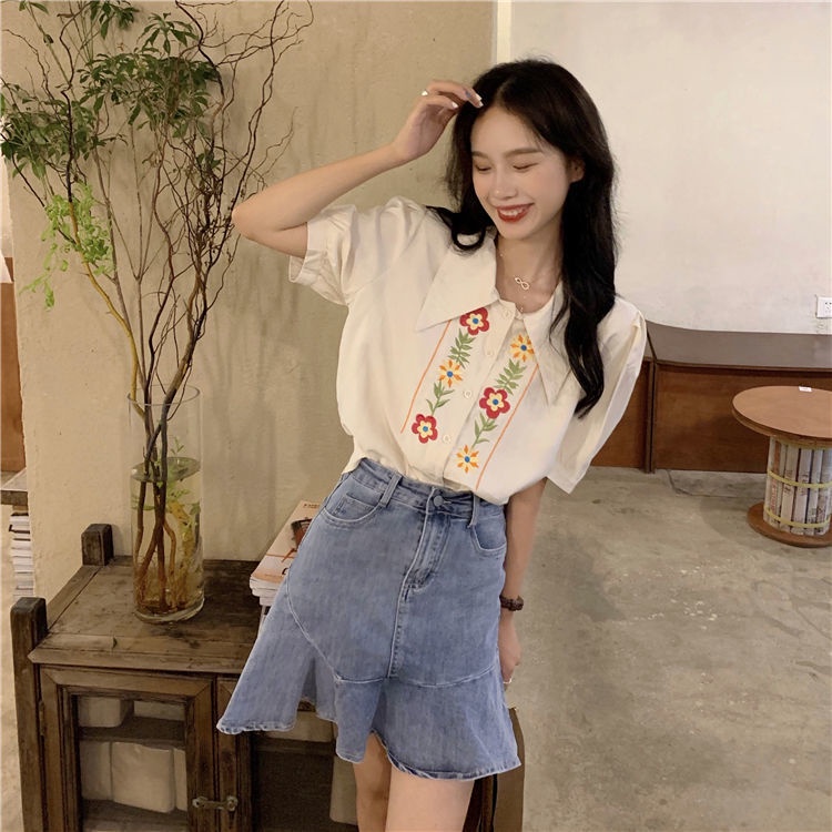 Áo Sơ Mi Tay Ngắn Dáng Rộng Thêu Hoa Thời Trang Mùa Hè Mới Cho Nữ