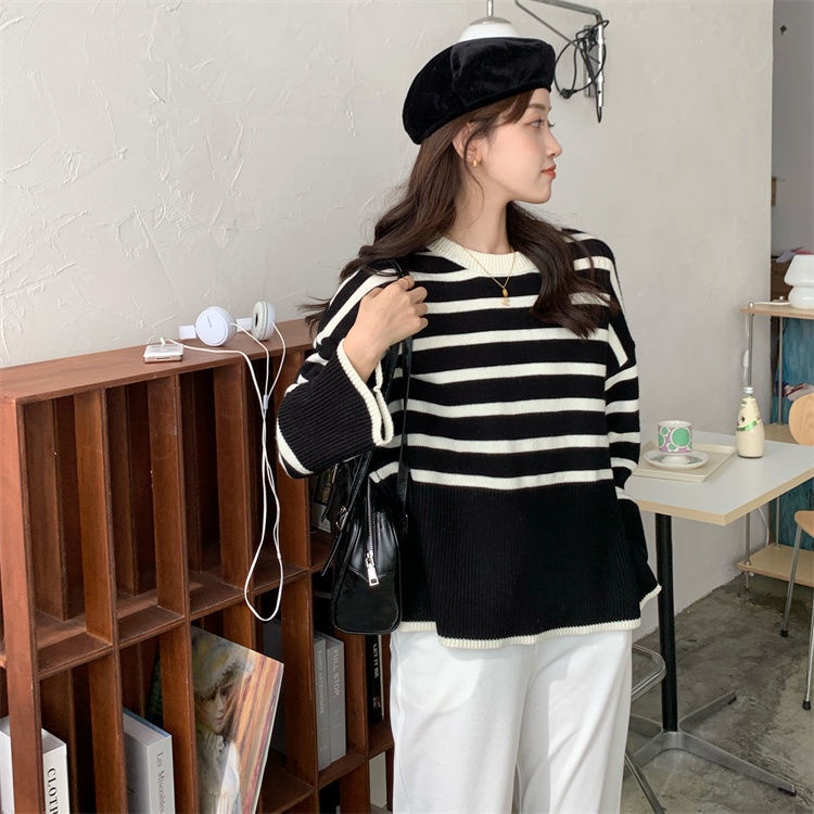 Áo sweater dệt kim tay dài form rộng xẻ tà họa tiết kẻ sọc thời trang thu đông 6001