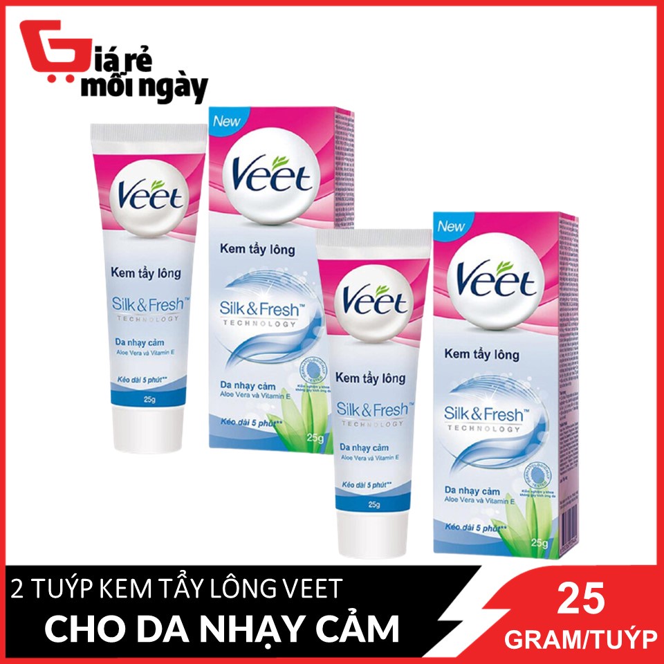 Combo 2 Kem tẩy lông Veet Silk &amp; Fresh Aloe Vera &amp; Vitamin E Dành Cho Da Nhạy Cảm 25gx2