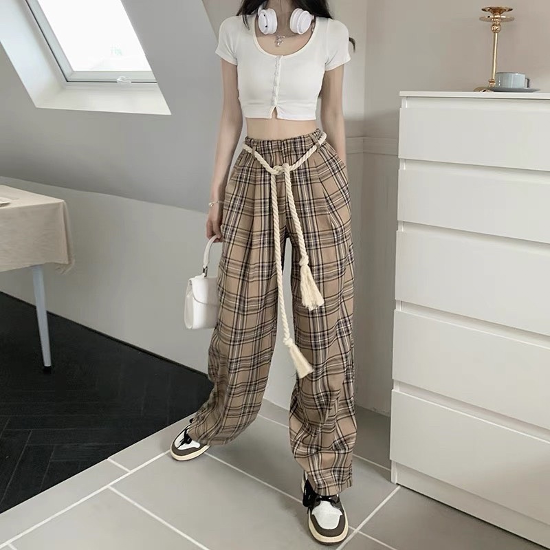 SET ÁO CROPTOP NÚT GÂN TRẮNG + QUẦN CARO CỘT DÂY (TH)