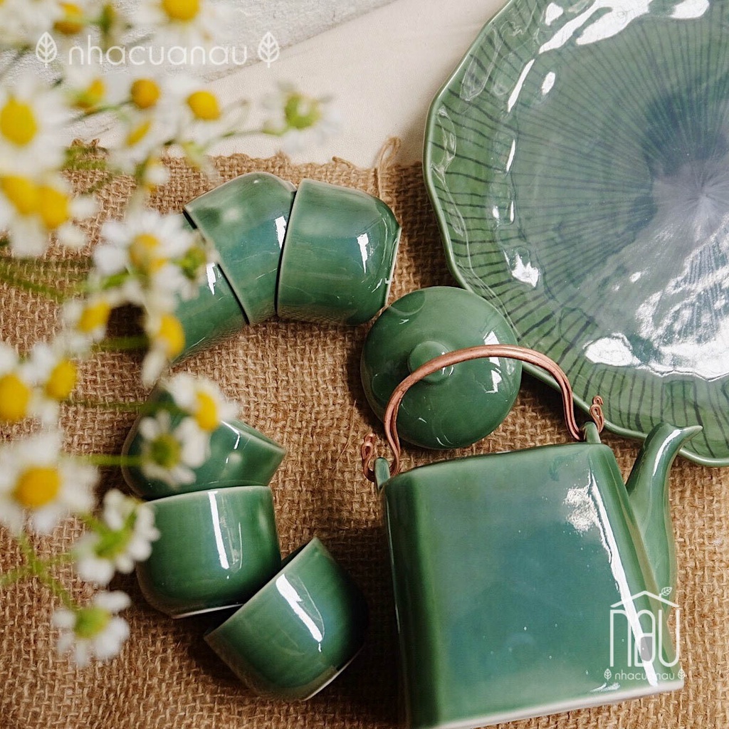 DIỆP LỤC Bộ ấm chén trà, bộ bình trà men bóng sang trọng - gốm sứ truyền thống Bát Tràng thích hợp tặng biếu, tân gia