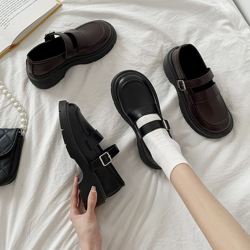 Giày da Vintage 2 màu nâu - đen cho nữ