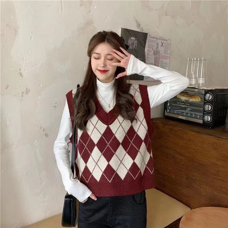 Áo Sweater dệt kim không tay cổ chữ V họa tiết sọc caro thời trang mùa xuân 2021 cho nữ | BigBuy360 - bigbuy360.vn