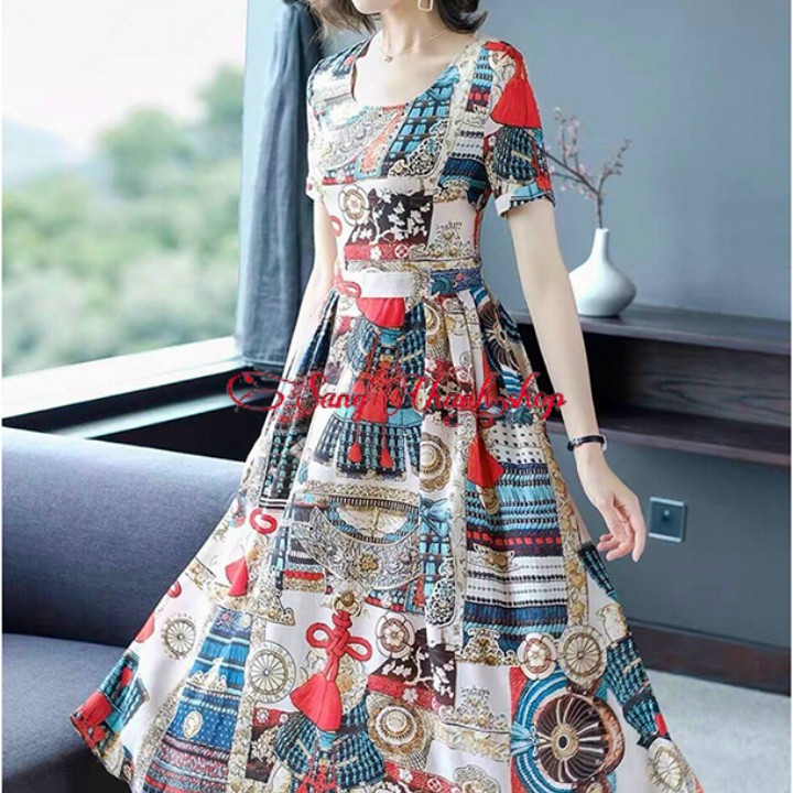 Đầm Xoè Vintage Hoạ Tiết Cổ Tròn| Váy Đầm Dáng Xòe Xinh Xắn