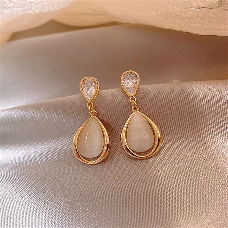 Khuyên Tai Giọt Nước Đính Đá Opal Cổ Điển Dễ Thương