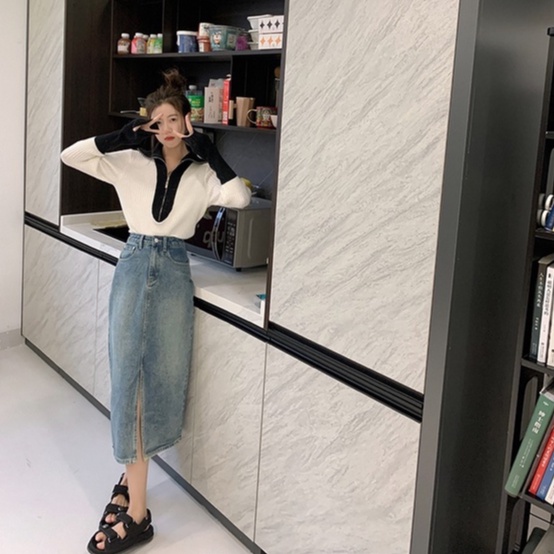 Áo sweater dệt kim ZHELIHANGFEI tay dài cổ polo phối khóa kéo thời trang