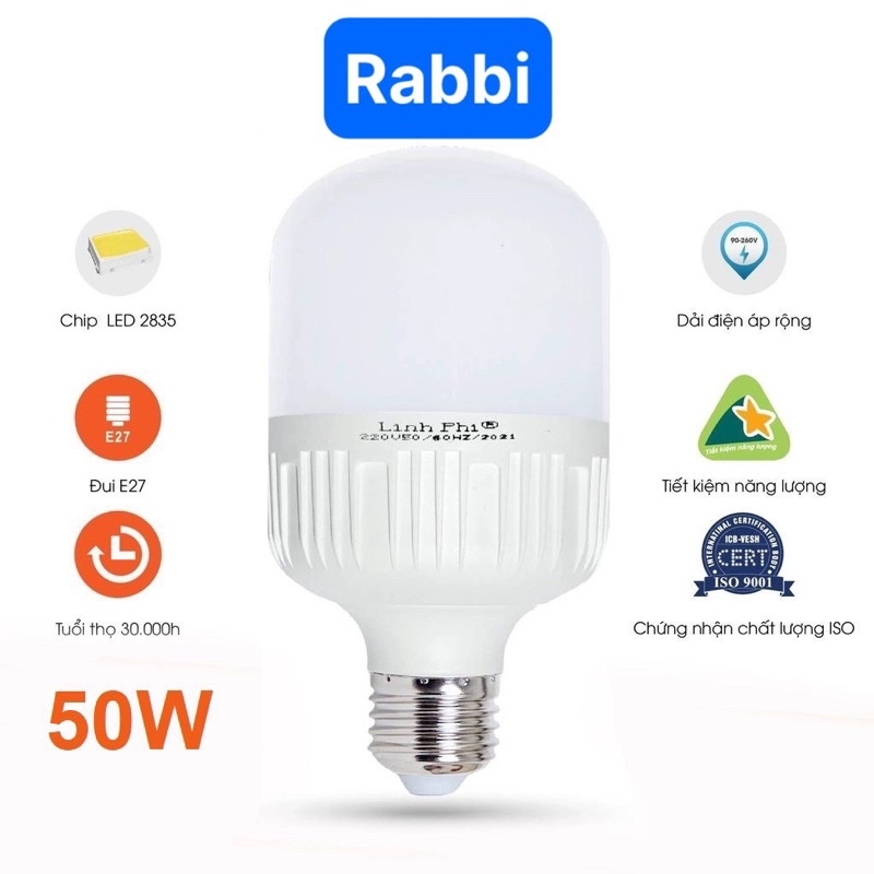 Bóng đèn LED 50w 40w 30w 20w 10w 5w siêu sáng tiết kiệm điện, LED BULB trụ LINH PHI chống nước BẢO HÀNH đổi mới 6 tháng