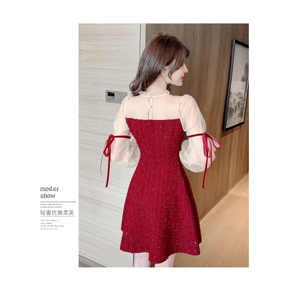 🌸Hàng Order🌸Váy Tay Voan Phối Cúc Tay Thắt Nơ Lấp Lánh 🌸Hàng Quảng Châu