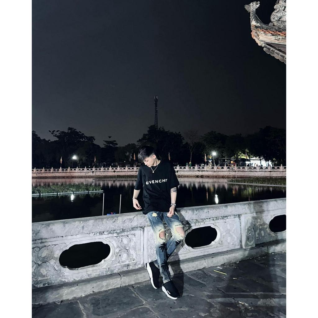 Quần jean bò nam Amiri skinny wash xanh vàng thủng gối tua viền dập hình cây dừa phong cách boy phố QJ227P