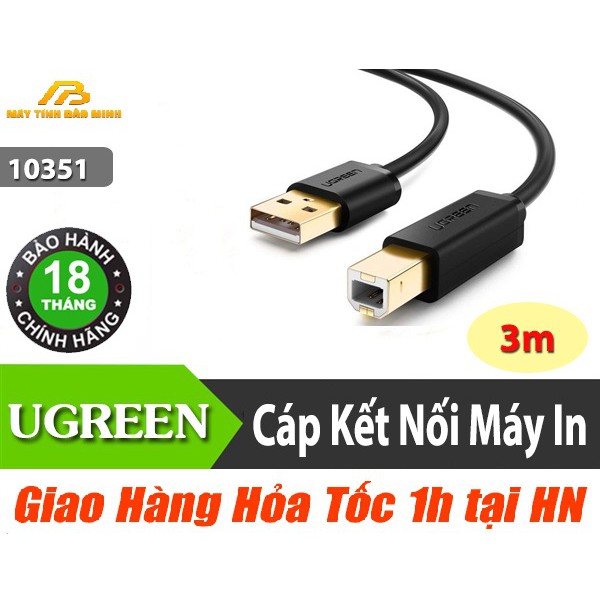 Cáp Máy In USB 2.0 Ugreen 10351 Dài 3m - Hàng Chính Hãng