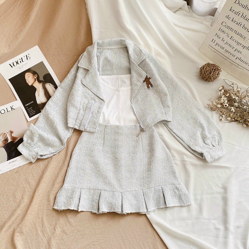 Set 3 món thêu hình gấu chân váy đuôi cá kèm khoác vest