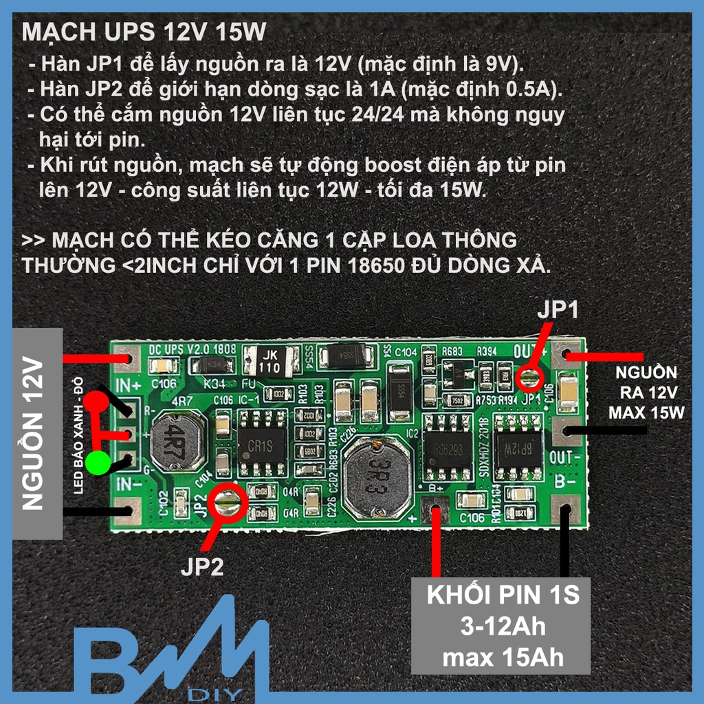 Mạch tăng áp từ pin 1S-12V 15W dùng được cho loa