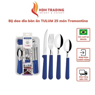 Bộ dao dĩa ăn bít tết bộ dao nĩa Tramontina TULUM 25 món cán nhựa PP kèm khay nhập khẩu chính hãng Brazil