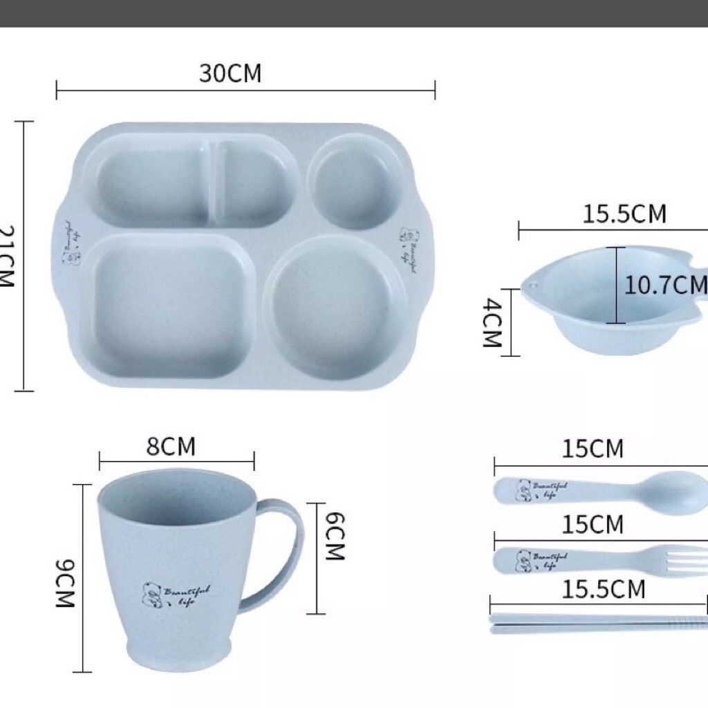 Khay Cơm Cho Bé, Khay Ăn Dặm Lúa Mạch 6 Chi Tiết Đựng Thức Ăn Cho Bé.