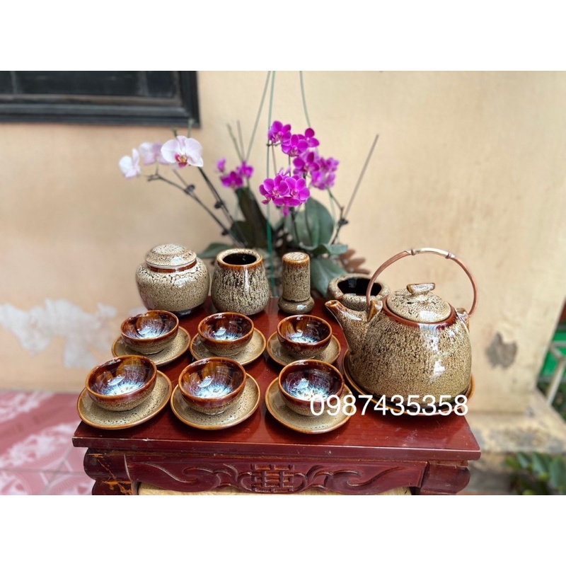 Ấm chén hoả biến gấm dáng siêu gốm Bát Tràng