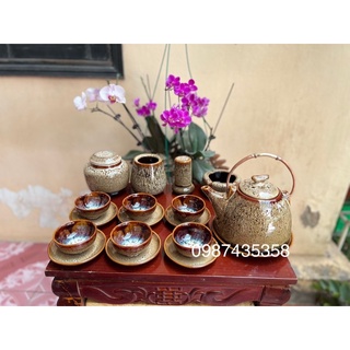 Ấm chén hoả biến gấm dáng siêu gốm Bát Tràng