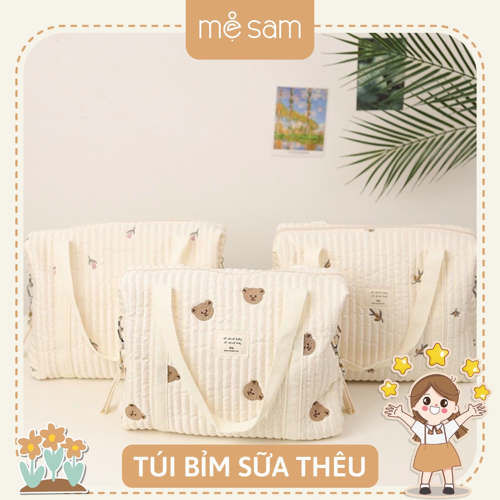 Túi bỉm sữa trắng thêu hoa tiết