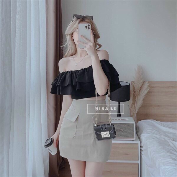 Váy dự tiệc cưới, set chân váy ôm body áo trễ vai tay phồng xếp tầng phong cách cá tính, sang chảnh