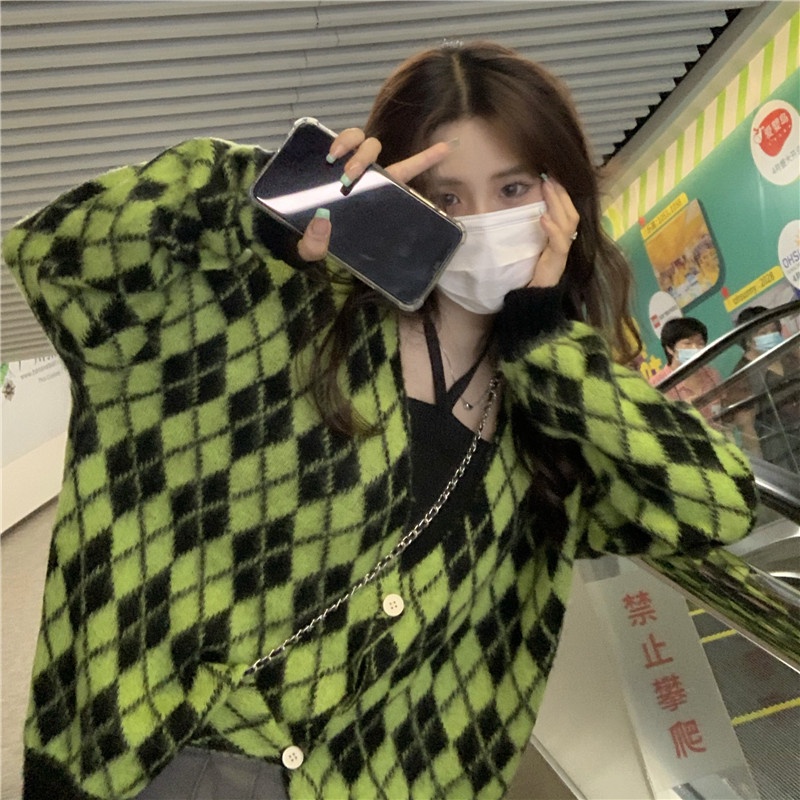 Áo Khoác Cardigan Dệt Kim Tay Dài Dáng Rộng Họa Tiết Kim Cương Thời Trang Hàn Quốc | BigBuy360 - bigbuy360.vn