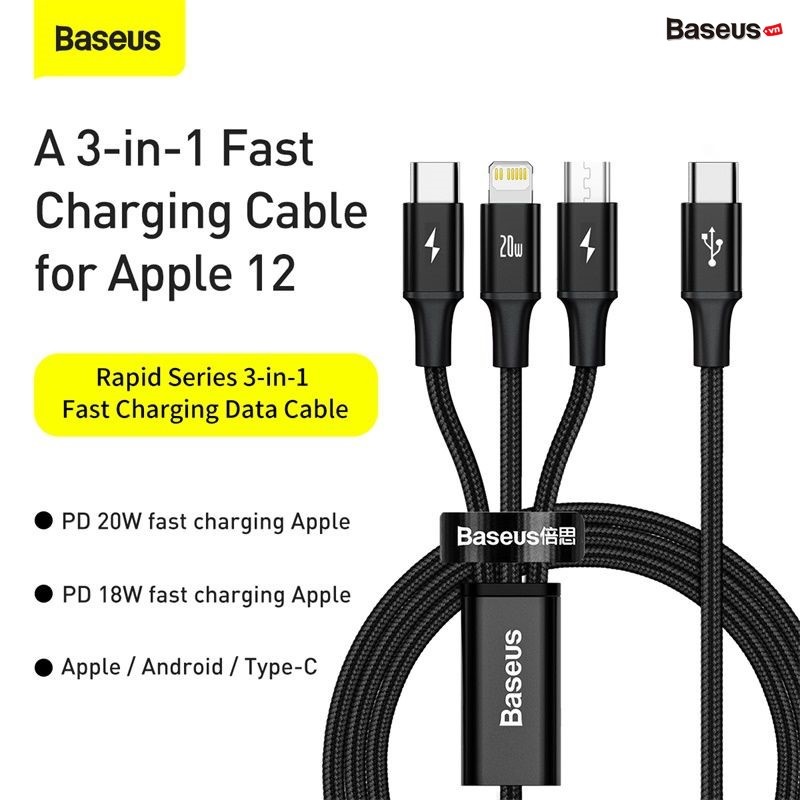 Cáp sạc 3 đầu Baseus Rapid Series 3in1 PD 20W 3.5A dài 1.2M chất lượng đẳng cấp